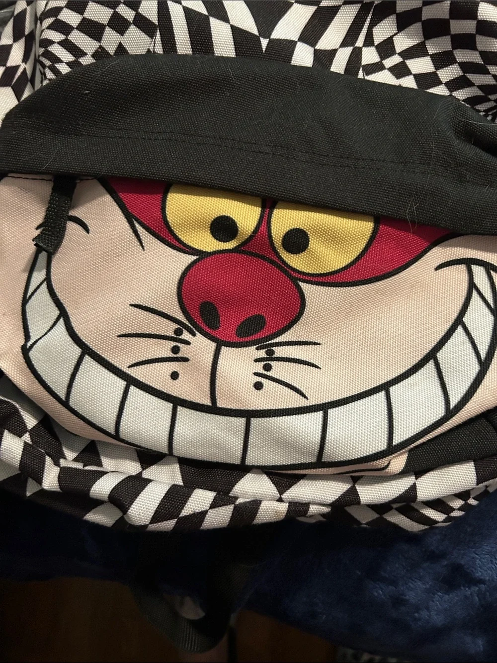 Vans Black & White Checkerboard Backpack with Cheshire Cat Face